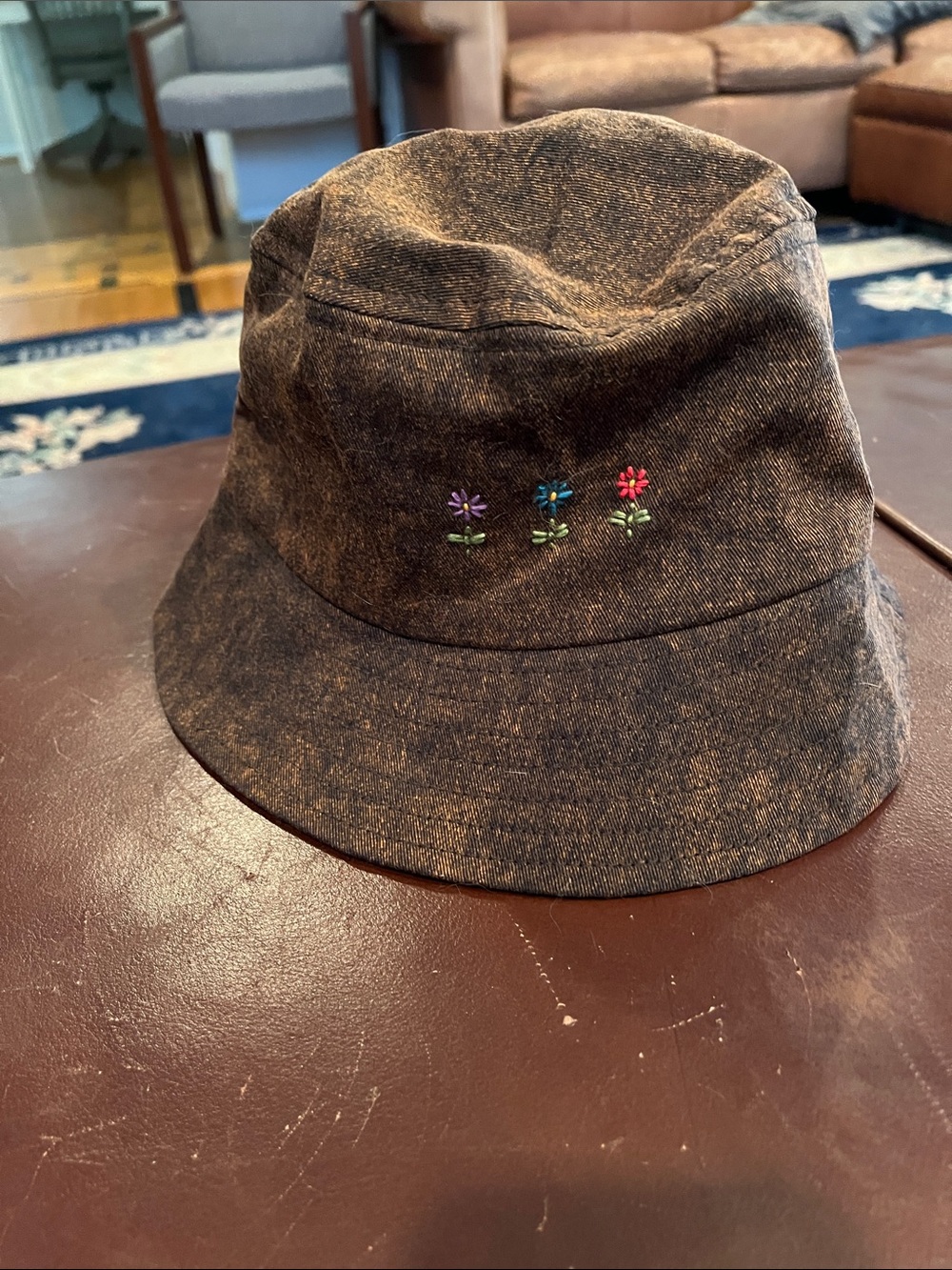 Embroidered Floral Brown Bucket Hat for Women